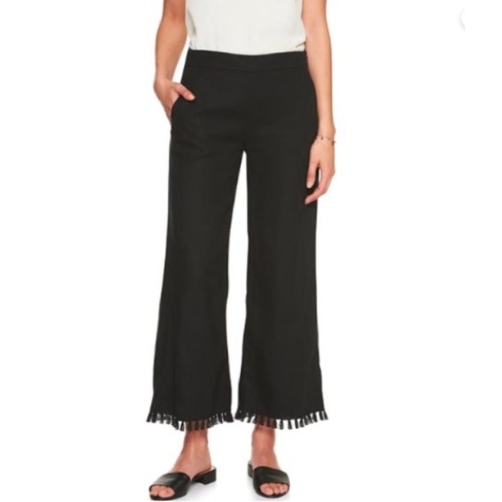 Banana Republic Black Cropped Linen Blend Tassle Hem Ankle Pants Size 4 Casual‎